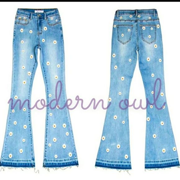 Luxury Daisy Flower Flare Frayed Hem Jeans Sizes XL 14-16 XXL 16-18 - Picture 6 of 16